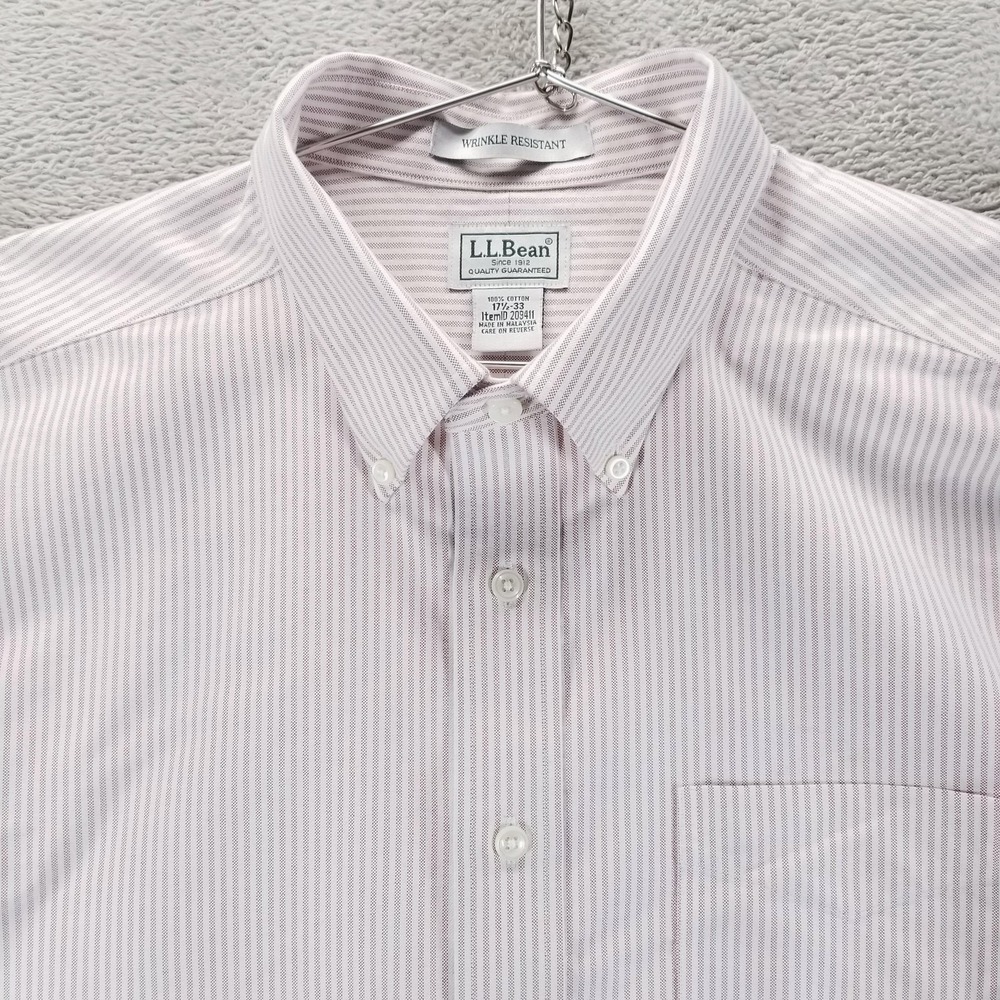 LL Bean Dress Shirt Mens 17.5 32/33 Pink Striped Wrinkle Resistant Button Down